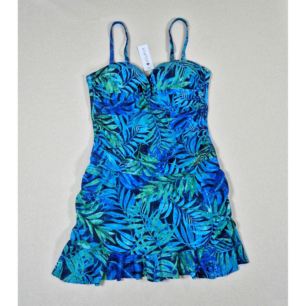 Holipick Womens Tropical Palm Leaf Swim Dress Blue Green‎ Floral Size Large NWT